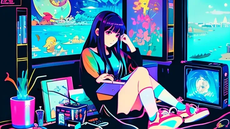 Anime girl sitting in front of a laptop with headphones on, LOFI Girl, Lofi Artstyle, LOFI Girl aesthetic, Lofi Art, Lofi Color, Anime Aesthetics, Portrait of Rofi, Lo-fi aesthetic, Lo-fi hip hop, Lo-fi feeling, Anime atmosphere, Robbie&#39;s Atmospheres, ...