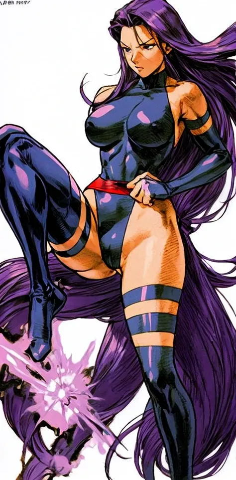 Psylocke, with her big tits and long legs, blushes and stands with her legs spread apart。