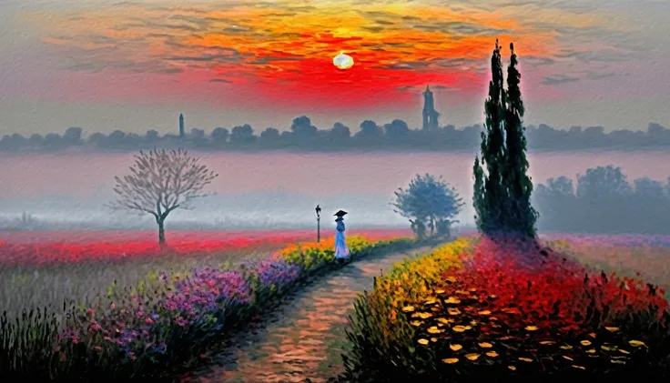 [[(fog earl morgen : young beauty flored garden , away dark time tower on gray fog, crimson shadow)((claude monet style!!!))])):...