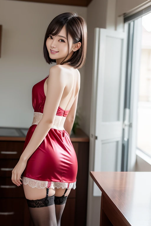 (Highest quality: 1.5), (Real: 1.5), (1 person: 1.5), (Slightly from below), (Shot from slightly below), Looking back pose, (Very detailed), (High resolution), 8k, , natural lip color, cute smile, Japanese woman, 20-year-old girl, thin eyebrows, beautiful ...