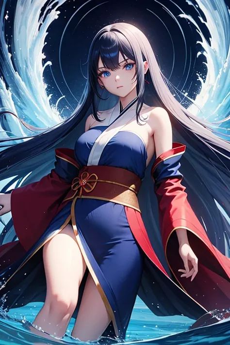 beautiful young girl with long black flowing hair, blue eyes, wearing a red blue kimono, transforming into the Water Goddess, divine water robe, strong water goddess, storm, glowing blue eyes