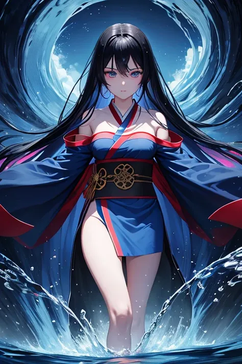 beautiful young girl with long black flowing hair, blue eyes, wearing a red blue kimono, transforming into the Water Goddess, divine water robe, strong water goddess, storm, glowing blue eyes