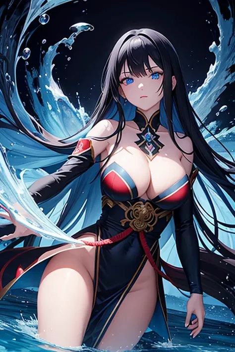 beautiful young girl with long black flowing hair, blue eyes, wearing a red blue kimono, transforming into the Water Goddess, divine water robe, strong water goddess, storm, glowing blue eyes