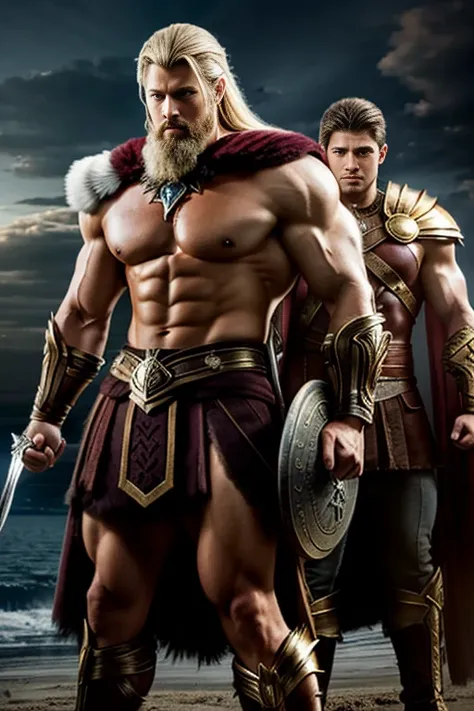 Muscular Einherjar, standing at a towering height of two meters, radiant with youthful beauty, worthy sons of Odin, bodies sculpted by relentless labor, fair-skinned, golden eyes gleaming, platinum hair cascading amidst the tumult of Ragnarök. Their muscul...