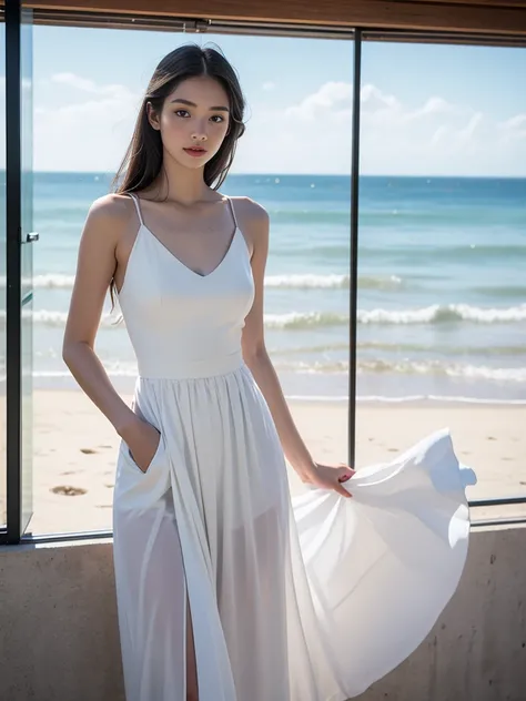 (Best Quality, 4K, Masterpiece, UHD, Real: 1.2), (Interior Lighting: 1.3), Natural Shadows, 1girl, Solo, 18 years old, wearing a white dress, (Fair skin: 1.3), Skin details, half-body, tall and thin beauty goddess, off-white flowing dress, stunning elegant...