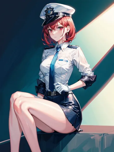 policewoman uniform, light blue short sleeved shirt, navy necktie, high waisted miniskirt, belt, white gloves, police hat, handcuffs, absurdres, RAW photo, extremely delicate and beautiful, masterpiece, Best Quality, ultra high resolution, 32k, hyperrealis...