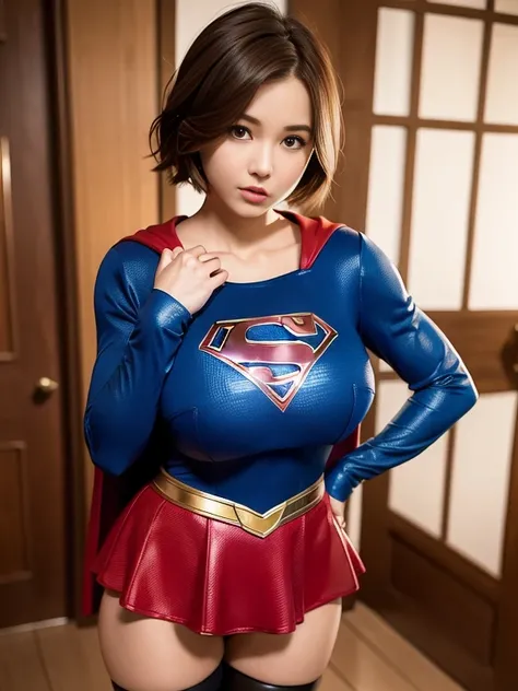 masterpiece、A short-haired supergirl who puts her hands on her hips and puffs out her chest.、big and full breasts、look at the camera、shiny costume、red mini skirt、long sleeve、Enamel Long Boots、combat readiness