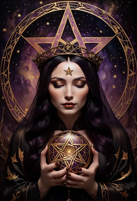 tarot card, chiaroscuro technique on sensual illustration of an queen of pentacle, vintage queen, earthy eerie, matte painting, by Hannah Dale, by Harumi Hironaka, extremely soft colors, hint of gold vibrant, highly detailed, digital artwork, high contrast...