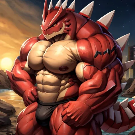 Pokemon Groudon, massive, muscular, huge biceps, huge pecs