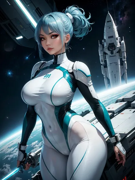 4K,hight resolution,thicc Asian Woman, light blue hair,ponytail.Green eyes,Colossal ,White Cybersuit,Bodysuits, (holding Longsword), spaceship at the background in the space