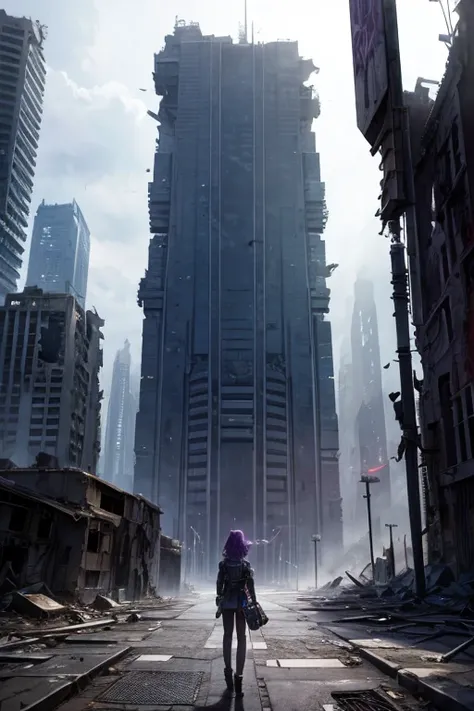 highest quality、A ruined futuristic city、dim、purple、Surrealism