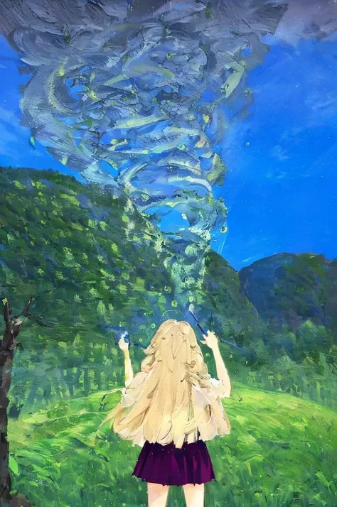 witch，blond，Short skirt，Holding a wand in his right hand，at the hilltop，Casting Magic，whirlwind，Generate Dark Clouds，rain，Irrigation of grassland，There are mountains and forests in the distance