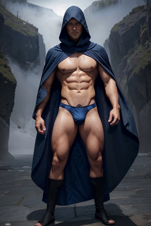 full Body photorealistic Illustration a a very handsome and sexyness man, he is a wizard, he has deep blue eyes, very nice abs, he wears an opened dark blue cloak with a large hood over his shirtless chest, skimpy thong underwear super massive bulge magic ...