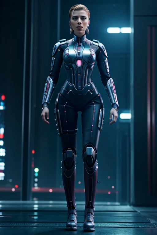 Full body, fully modest, Scarlett Johansson as android cyborg in cyber punk city 