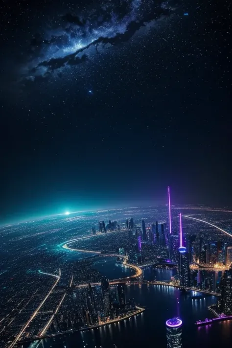 highest quality、Futuristic City、neon、Beautiful night view、colorful、Starry Sky、moon