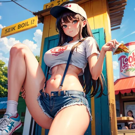 Girl eating tacos at a bar　Wear sneakers　High leg low rise shorts with suspenders　Large Breasts　Showing your belly button　　Knee-high socks　　No underwear　Belt on chest　There&#39;s a glass of tequila