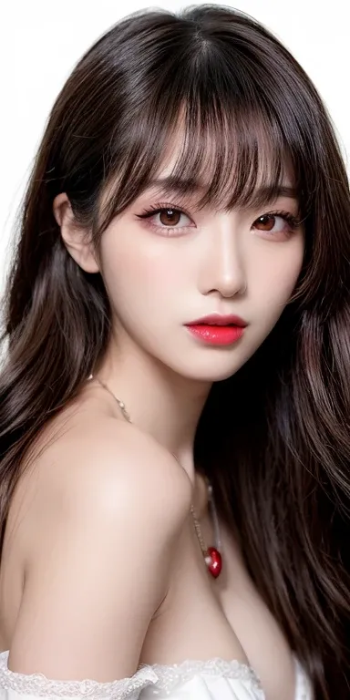 Canon RF 85mmf/1.2,masutepiece,Best Quality,超A high resolution,tu,1 girl,(Korean mixed,Kpop Idol:1.2),Solo,white_shiny_skin,Black eyes,Necklace,brown_long_Wavy_hair,Red lipstick bright_shiny_Lips,Eyelashes,Bangs,deal,make - up,shiny,Pore,skin texture,Brace...