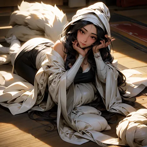 A woman with a towel wrapped around her head making a large amount of tempura at a night market in Korea　highest quality　Wearing an apron