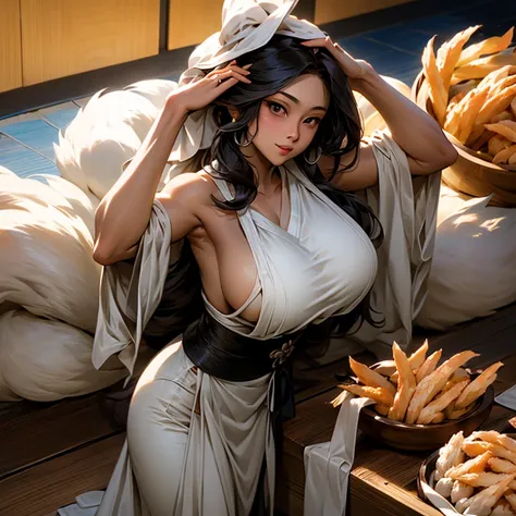 A woman with a towel wrapped around her head making a large amount of tempura at a night market in Korea　highest quality　Wearing an apron