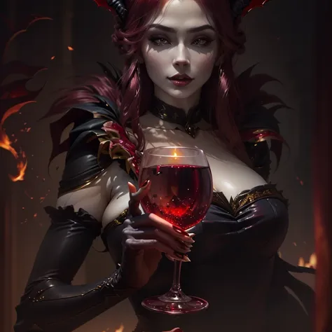 a close up of a woman holding a wine glass with a demon on it, beautiful elegant demon queen, beautiful vampire female queen, , succubus | medieval, dark fantasy style art, beautiful vampire queen, alexandra fomina artstation, fanart best artstation, diabl...