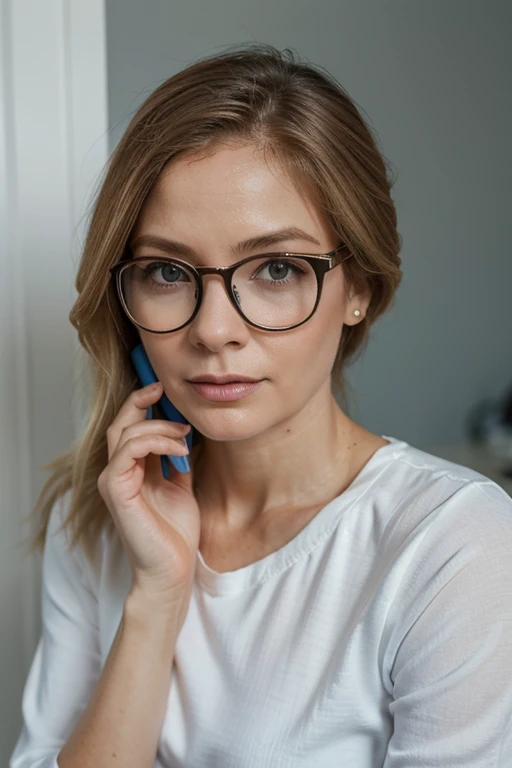 crie uma imagem fundo branco de uma mulher de 35 anos, bonita, cabelos longos, olhos claros, ventindo uma saia branca e camisa social azul , wearing glasses and talking on the cell phone