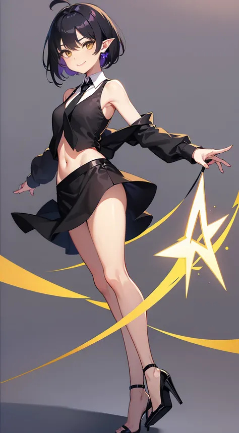 Simple Background, (whole body, upright,Wearing stiletto heels), Young girl, (purplish-black hair, Short hair to the shoulders, Hair between the eyes, Ahoge), Yellow Eyes, (Pointed Ears), ((Bartenders clothes)),tie, blouse, Rolled up sleeves, Black Skirt, ...