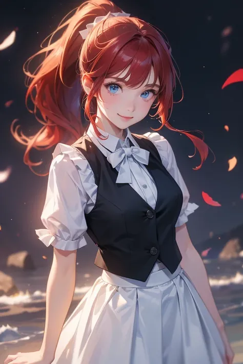 (8k, highest quality, Tabletop:1.2)、Ultra-high resolution、One 16-year-old girl, Perfect Fingers, Detailed face, smile, blue eyes, Red hair, ponytail, White blouse, Black vest, White Skirt, In town, Stand with your arms crossed