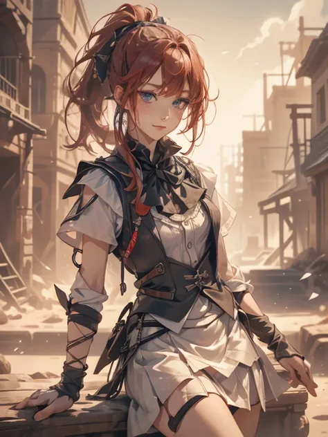 (8k, highest quality, Tabletop:1.2)、Ultra-high resolution、One 16-year-old girl, Perfect Fingers, Detailed face, smile, blue eyes, Red hair, ponytail, White blouse, Black vest, White Skirt, In town, Stand with your arms crossed