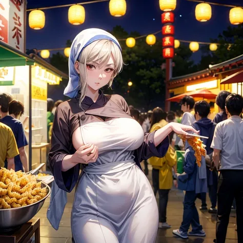 A woman with a towel wrapped around her head making a large amount of tempura at a night market in Korea　highest quality　Wearing an apron