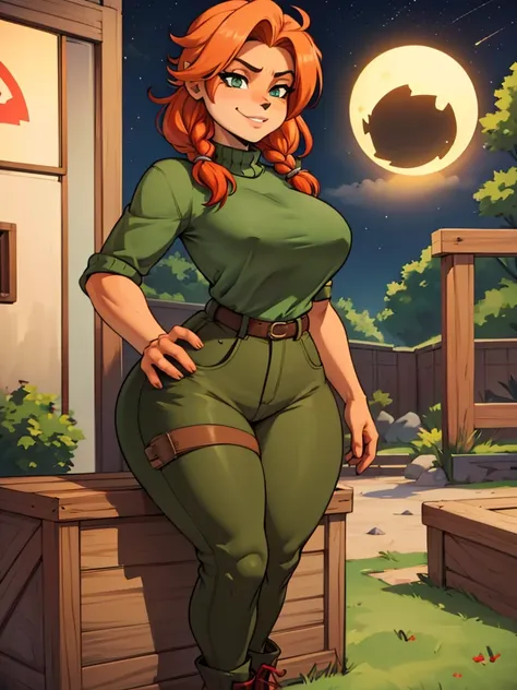 (best quality,4k,8k,highres,masterpiece:1.2),ultra-detailed,realistic:1.37,portrait, anthro very sexy bandicoot  girl lesbian redhead, braided hair, beautiful green eyes, seductive, warm sweater, camouflage pants, army boots, smirking, cozy lighting, vibra...