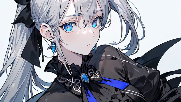 ((Beautiful and elegant girl)), Big blue eyes,  1. Slender Woman, Slightly larger breasts,   ((Gray Hair),((Black ribbon ponytail,)),In 8K, highest quality, (Very detailed head: 1.0), (Highly detailed face: 1.0), (Highly detailed hair: 1.0),((Black Costume...