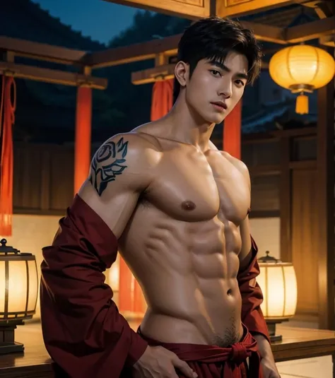 Chinese Men God, Mythology, Chinese odyssy, Handsome , young baby face,  Topless, Muscles, Athlete body, big chest abs, Full Frame, Sexy, Professional Lighting, open Hanfu Outfit, Chinese Heaven Background,  , Sexy  dick shape,   manly Warrior, Hanfu God, ...