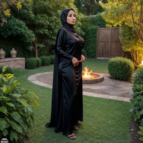 A 40 years old beautyful muslim woman,wearing black silk hijab and burkha,glowing skin,big ash,big dick in her ash,big breasts,sexy figure,full body image,right side view,garden in background,ultra detailed,8k