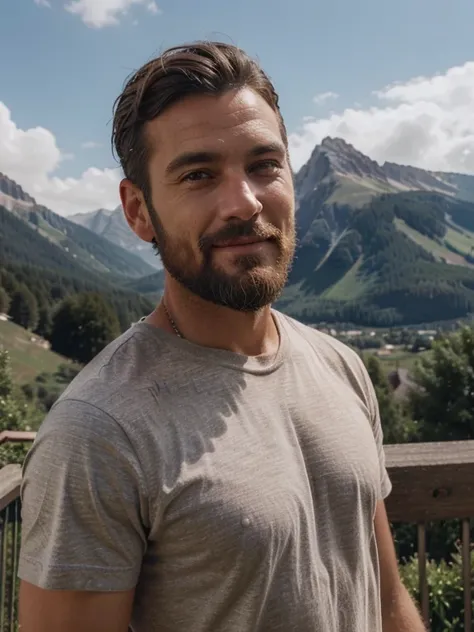 homme 42 ans, souriant, charmant, very short brown hair, barbe courte, mince, European type, dressed in a t-shirt, photo qualité hd, grand angle, mountain landscape in the background