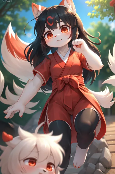 Bokeh , (zoom blur:1.5) , front view , 1 hairy inari girl  , Short stature , realistic hairy fur , Straight black Long Hair , Round face, swollen cheeks,round eyes , neat hair ties , Japanese Shrine Maiden Clothing , dynamic Exorcism action , hand seal , (...