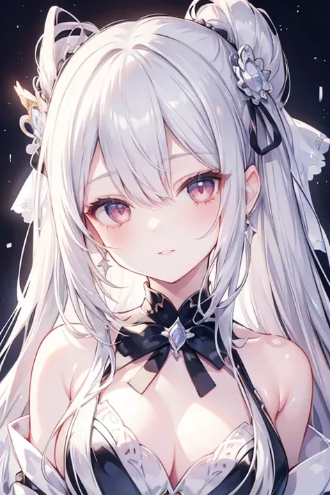 long hair, (crystal earrings:0.7), (blush, smile:0.8), silver hair, (hair strand:0.9), (ribbon:1.1), (parted lips:0.9), (ultra-detailed, highres:1.0), silver hair, (tachi-e:1.1), anime style,(character chart:1.2)