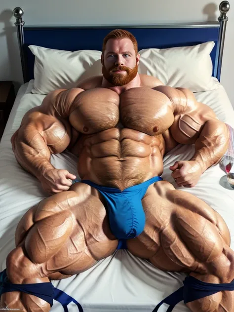 (perfect man:1.5), ginger, slight beard, hairy, vascular, realistic, posing, muscle bimbo, wearing a very black jockstrap, extraordinary attractive European man with radiant blue eyes, (muscular:1.5), ginger, (defined muscles:1.5), extraordinary huge packa...