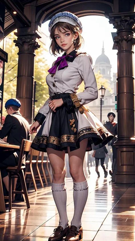 (iwanagadress:1.2), (iwanagakotoko:0.9),(beret:1.8), Kotoko Iwanaga, One girl, beret, black bow, blue skirt, bow, Brown footwear, Cane, dress, hair bow, Have, Holding, Holding Cane, Juliet Sleeve, Light brown hair, Long sleeve, View Viewer, petticoat, Puff...