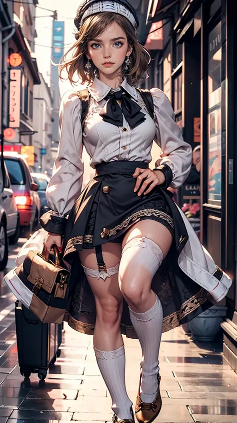 (iwanagadress:1.2), (iwanagakotoko:0.9),(beret:1.8), Kotoko Iwanaga, One girl, beret, black bow, blue skirt, bow, Brown footwear, Cane, dress, hair bow, Have, Holding, Holding Cane, Juliet Sleeve, Light brown hair, Long sleeve, View Viewer, petticoat, Puff...