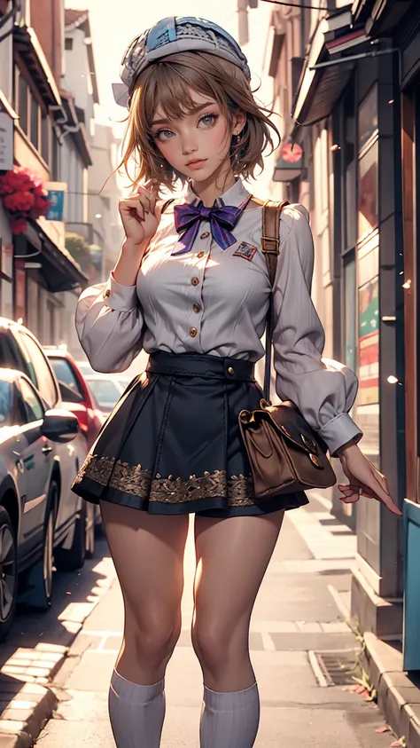 (iwanagadress:1.2), (iwanagakotoko:0.9),(beret:1.8), Kotoko Iwanaga, One girl, beret, black bow, blue skirt, bow, Brown footwear, Cane, dress, hair bow, Have, Holding, Holding Cane, Juliet Sleeve, Light brown hair, Long sleeve, View Viewer, petticoat, Puff...