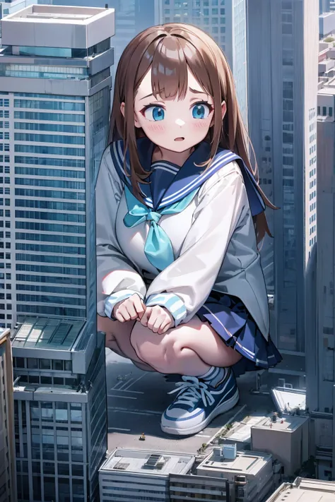 huge teenage girl in sneakers，a girl taller than a building，a sailor suit，short  skirt,squatting maiden