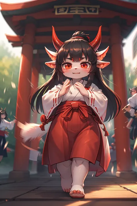 Bokeh , (zoom blur:1.5) , front view , 1 hairy inari girl  , Short stature , realistic hairy fur , Straight black Long Hair , Round face, swollen cheeks,round eyes , neat hair ties , Japanese Shrine Maiden Clothing , dynamic Exorcism action , (with oni:1.5...