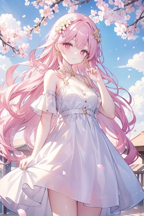 cherry_blossoms, falling_petals, petals, branch, pink_flower, 1girl,20-year-old, blue_sky, spring_(season), petals_on_liquid, flower, hanami, dress, (golden long curly hair: 1.5), wearing flower wreath, sky, outdoor, Clouds, bangs, smile, pink eyes, white ...