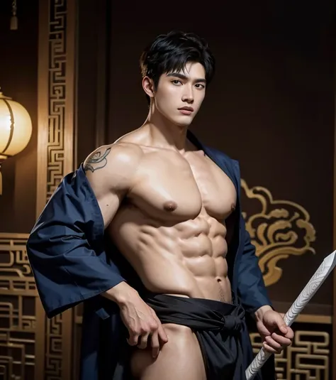 Chinese Men God, Mythology, Chinese odyssy, Handsome , young baby face,  Topless, Muscles, Athlete body, big chest abs, Full Frame, Sexy, Professional Lighting, open Hanfu Outfit, Chinese Heaven Background,  , Sexy  dick shape,   manly Warrior, Hanfu God, ...