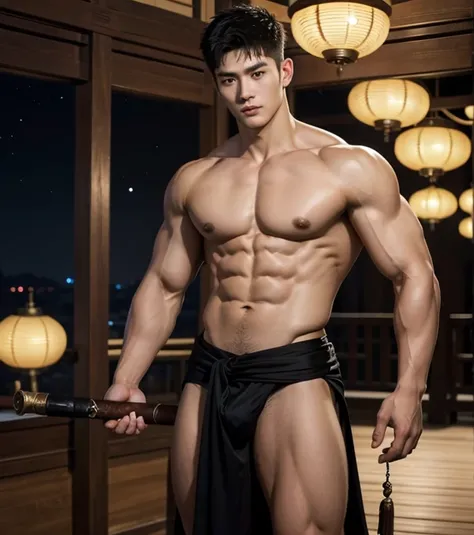 Chinese Men God, Mythology, Chinese odyssy, Handsome , young baby face,  Topless, Muscles, Athlete body, big chest abs, Full Frame, Sexy, Professional Lighting, open Hanfu Outfit, Chinese Heaven Background,  , Sexy  dick shape,   manly Warrior, Hanfu God, ...