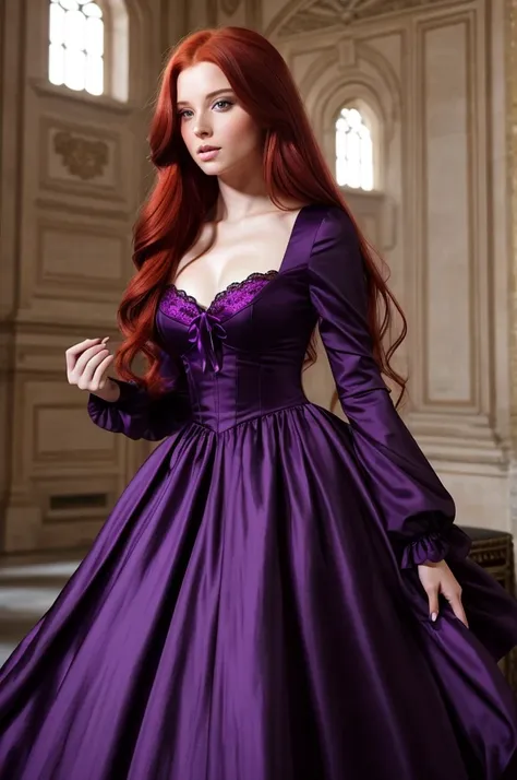 Create a high-quality photoshoot featuring a stunning, intense redhead model in an opera hall, vêtue dune sublime robe fourreau fendue décolletée sophistiquée  de couleur violette et noire, emphasizing its balance and beauty. ultra realistic, texture de pe...