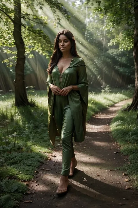 goblin girl in a sexy hunter outfit,oak tree,moss-covered tree trunks,golden sunlight piercing through the canopy,misty atmosphe...