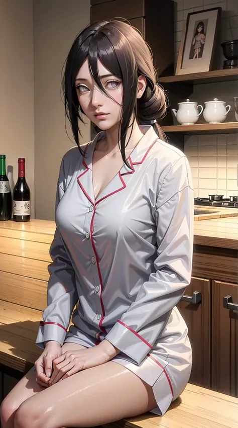 hyuuga hanabi, long hair tied low, hair band, hana purple eyes, beautiful, beautiful woman, perfect body, perfect breasts, wearing white pajamas, sexy pajamas, sleepwear, sitting in the kitchen, clear kitchen, looking at the audience, a slight smile, reali...