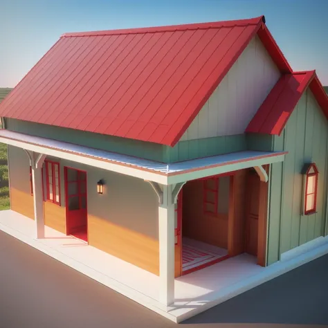 a rendering of a small house with a red roof and a porch, rendered 3d model, sketch - up, 3d rendered model, side-view. highly detailed, 3d rendered, 3 d rendered, rendered, 3/4 view, 3 / 4 view, front-view, above side view, with 3d render, with 3 d render