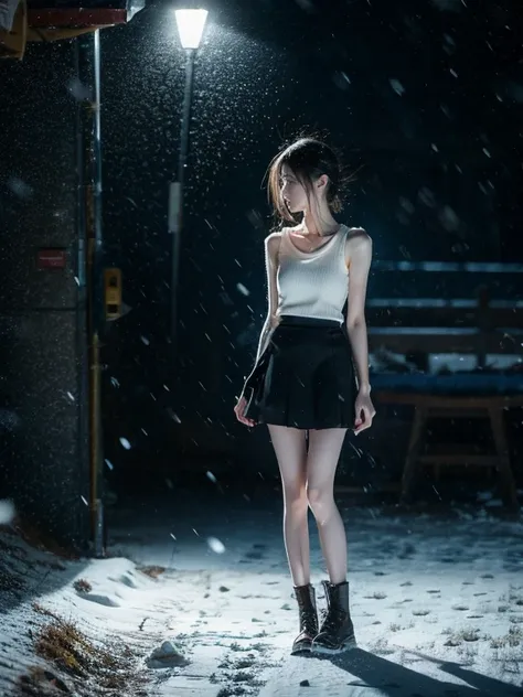 girl，clavicle，short skirt，emaciated，thin legs，snowing day，whole body